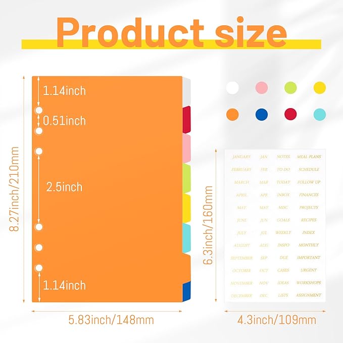 32 Pcs A5 Index Divider 6 Hole Binder Dividers 8.27 x 5.83 Inch 8 Colors Plastic Binder Dividers with Gold Month Stickers for Notebook Loose Leaf Binders Travel Diary Journal Planner