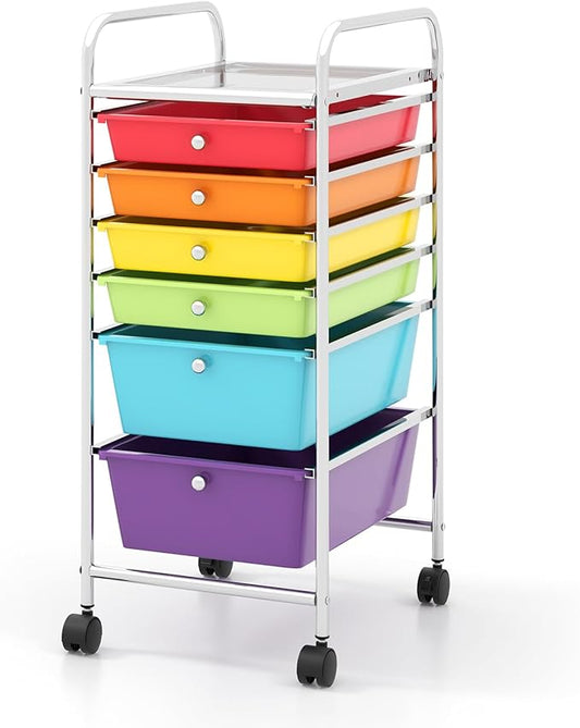 COSTWAY 6-Drawer Rolling Storage Cart, Multifunctional Art Craft Tools Organizer on Wheels, Heavy Duty Utility Mobile Storage Trolley w/ 2 Lockable Wheels for Home Office School (Multi-color)