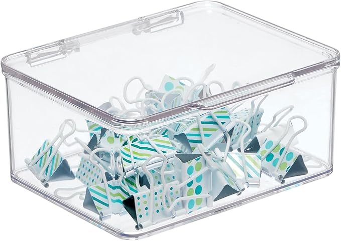 mDesign Small Plastic Home Office Storage Organizer Box Containers w/Hinged Lid for Desktops - Holds Pens, Pencils, Sticky Notes, Highlighters, Staples, Supplies - Lumiere Collection, Clear