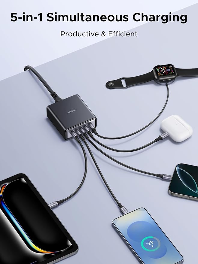 UGREEN 65W GaN Charging Station, 5-Port USB-C & USB-A Fast Charging Power Hub, Compact Desk Station Compatible with iPhone 17/16/15, Galaxy S25/S24, Pixel 10/9, iPad Pro, MacBook Pro/Air