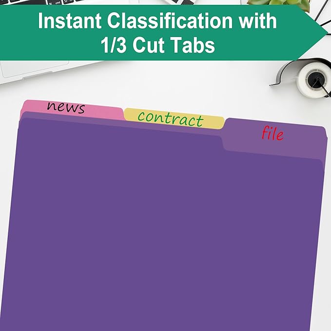 File Folders 18 Pack 8.5x11 Inch,1/3 Cut Tab Colored File Folders Letter Size,Office Purple Folders for Document