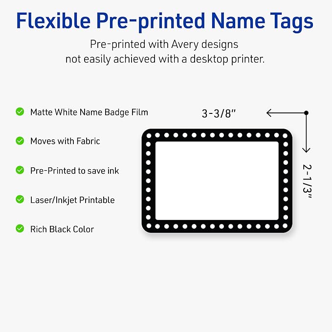 Avery Printable Rectangle Adhesive Name Tags, Black & White Polka Dots Design, 2-1/3" x 3-3/8", Matte White Removable Name Tags, Laser/Inkjet, 80 Total, Great for Name Badges
