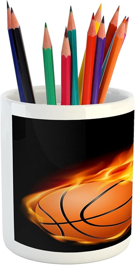 Ambesonne Sports Pencil Pen Holder, Basketball Lover Ball Speed Shoot Hoops Sporty Fun Art Print, Ceramic Pencil Holder for Desk Office Accessory, 3.6" X 3.2", Orange Black