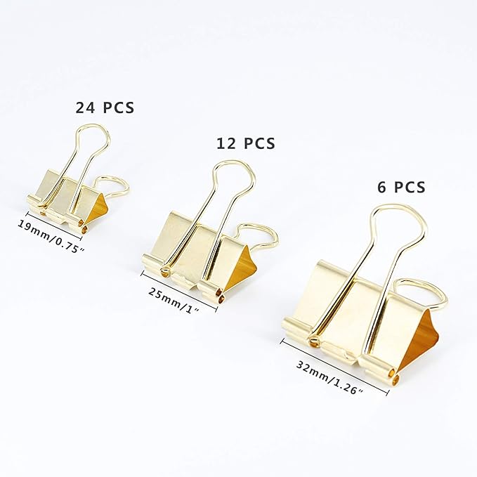 Gold Binder Clips Paper Clamps, Assorted Sizes Set (Small, Medium, Large) for Office School and Home Supplies