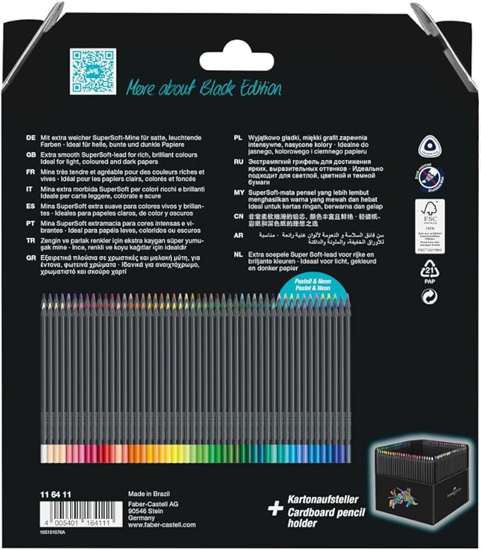 Faber-Castell Black Edition Colored Pencils Set: Soft Core Pencils with Bold Pigment and Smooth Laydown, Break-Resistant Leads, Ergonomic Grip, and Foldable Storage Sleeve (100 Count)