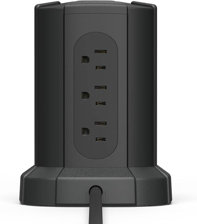 Amazon Basics Power Strip Tower Charging Station, Surge Protector 1080J, 9 Outlet with Integrated USB Charging Ports (2 USB-A and 1 USB-C), Space Saving, 15A, 6ft Cord, Black