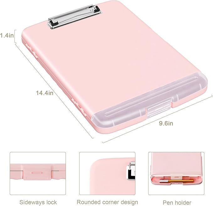 Piasoenc Clipboard with Storage, 8.5 x 11 Organization Box with Pen Holder and A4 Legal Paper Folder, Folio & Side-Opening, Low Profile Clip,for Nurses,Teachers, Size 14 x 9.6 x 1.2 in, Pink