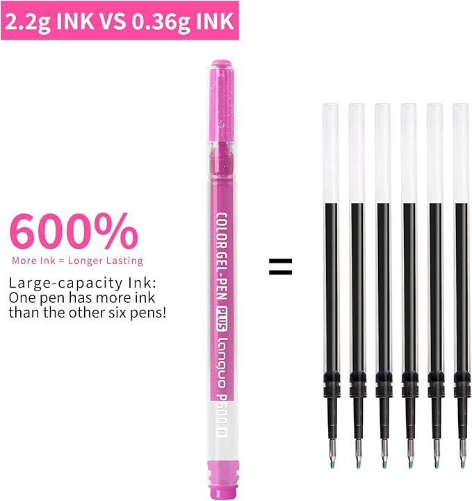 Glitter Gel Pens, 6 Pack Glitter Pens For Adults Coloring Books, 1.0mm Point Colored Pens, Large Capacity Ink Pens for Coloring, Writing, Drawing, Journaling, Note Taking, Office, Home