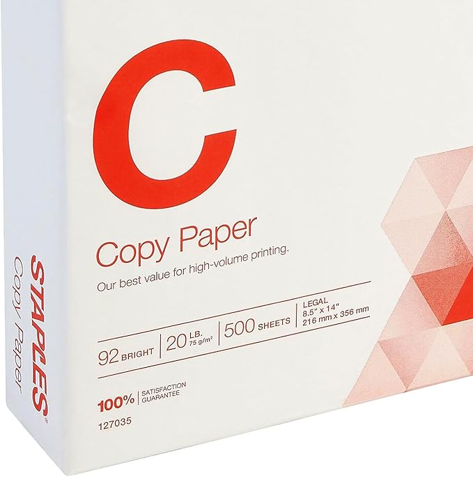 Staples Copy Paper, 8 1/2" x 14", Ream, For Office, School & Home, For Office, School & Home