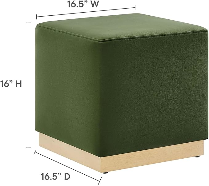 Modway Tilden 17 Inch Square Performance Velvet Upholstered Ottoman in Moss Green Natural - Small Ottoman Foot Rest with Rubberwood Plinth Base - Living Room Ottoman Side Table,