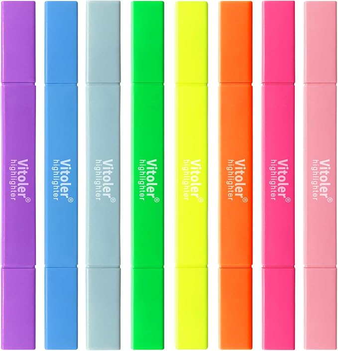 Vitoler Highlighters,Dual Tip Highlighters Vibrant Colors,8 Pack Soft Tip Highlighter Set for School Office Supplies