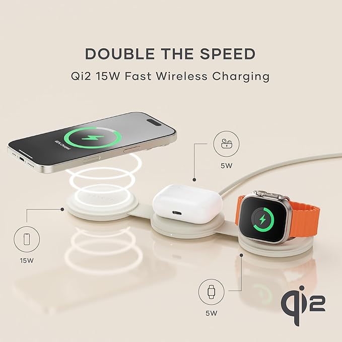 Satechi OntheGo™ 3 in 1 Wireless Charger, Qi2 Portable Charger with 15W Fast Charging for iPhone 17 to 12 Series, 5W for Apple Watch, and 5W for AirPods, Magnetic Travel Charging Station – Sand