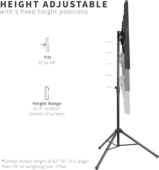 VIVO Tripod 37 to 75 inch LCD LED Flat Screen TV Display Floor Stand, Portable Height Adjustable Mount, Black, STAND-TV75T