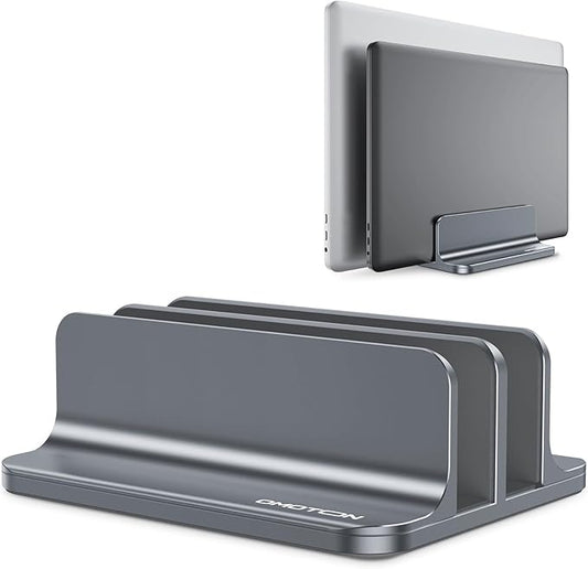 OMOTON Vertical Laptop Stand [Updated Double Version], Desktop Aluminum MacBook Stand with Adjustable Dock Size, Fits All MacBook, Surface, Chrome Book and Gaming Laptops (Up to 17.3 inch) (Grey)