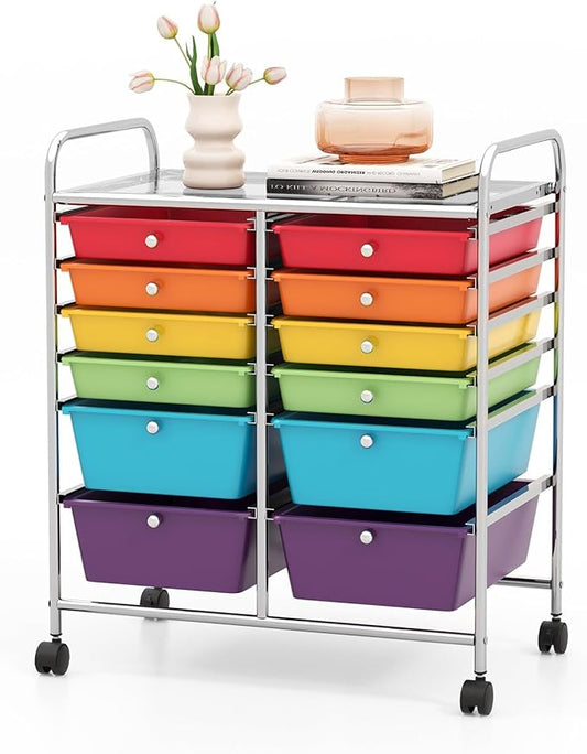 COSTWAY 12-Drawer Rolling Storage Cart, Moveable Art Craft Organizer W/Lockable Wheels, Metal Shelf, Files Arrangement Tools Makeup Storage Cart for Office, Home, School (Multi-Color)
