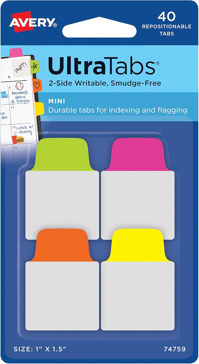 Avery Mini Ultra Tabs, 1" x 1.5", 2-Side Writable, Assorted Neon Colors, 40 Repositionable Tabs (74759)