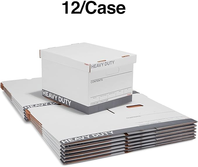 Staples Storage & Filing Box, Heavy-Duty with Handles & Removable Lid, Letter & Legal Size Documents, Stackable, 12-Pack, White/Gray