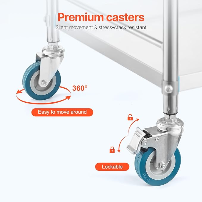 VEVOR Service Cart, 3 Layers Stainless Steel Utility Rolling Cart with Drawer, Lockable Wheels, Ideal for Laboratory, Hospital, Dental Use