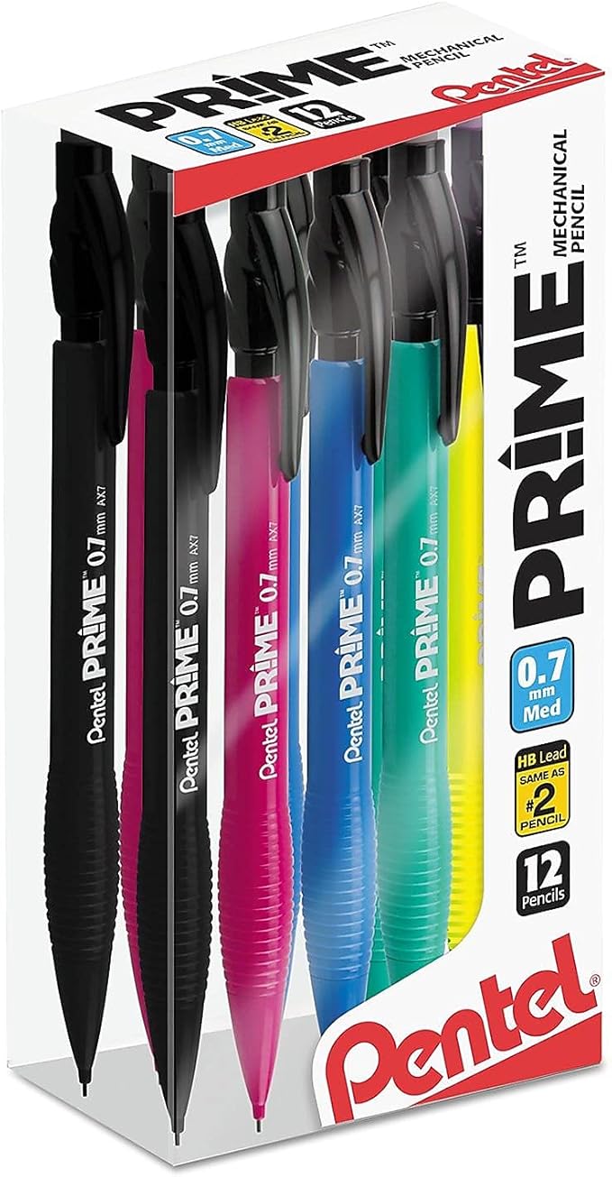 Pentel Prime Mechanical Pencil 0.7mm, Assorted Barrels Clear Box of 12 (AX7PC12M), Black