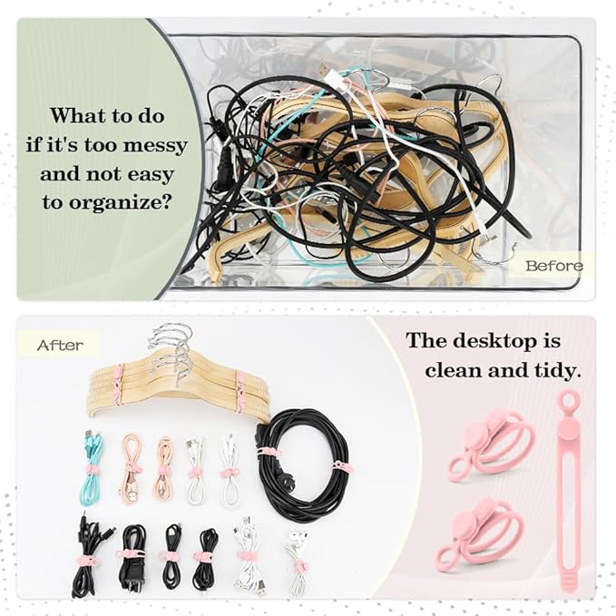 12pcs Pink Silicone Cable Ties, Multipurpose Elastic Cord Organizer for Bundling and Fastening, Office/Home/Kitchen/School/Travel Organization