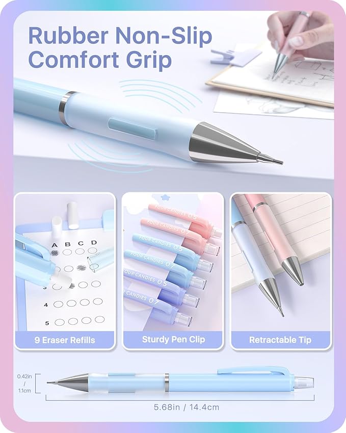 Four Candies Cute Mechanical Pencil Set, 6PCS Pencils 0.5 mm & 0.7mm with 360PCS Lead Refills, Pastel Erasers, Case for School Supplies