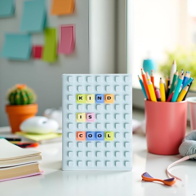 Pearhead Customizable Letterboard Journal with Silicone Cover – Fidget Notebook with Letters and Symbols, Lined Pages for Writing & Planning, Blue
