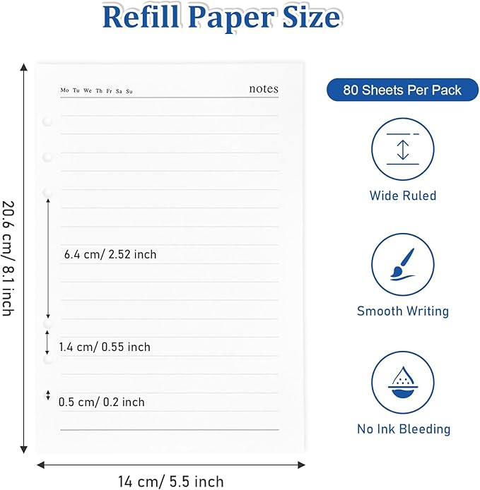 SAYEEC A5 Refill Paper Loose Leaf Lined Paper for A5 Planner Organizer 6 Holes Ring Binder Planner for Journals Notebooks Diaries Inserts, 80 Sheets