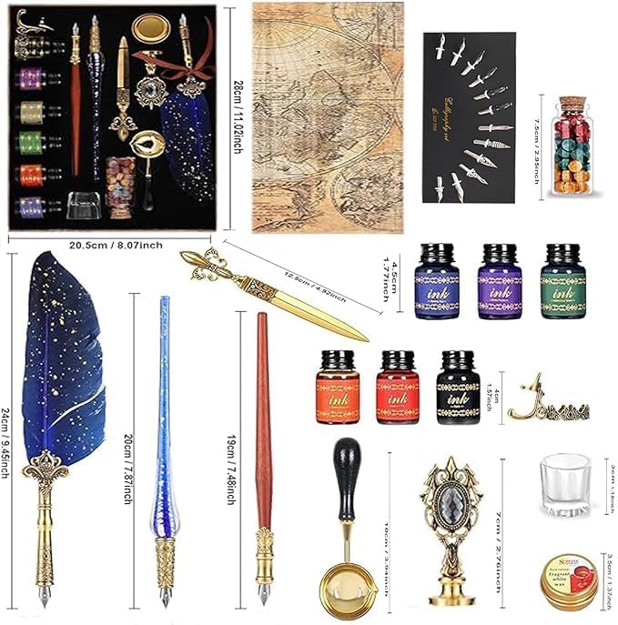 Calligraphy Feather Dip pen set with 6 bottles of ink,Quill Pen,Wooden Dip Pen,Glass Dip Pen,Wax Seal Stamp Kits,Pen Holder,spoon,Letter opener, Christmas Gift for Men&Women