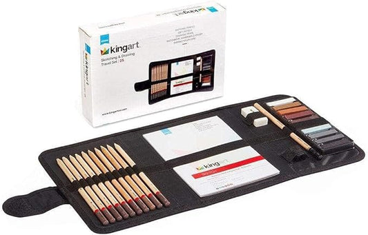 KINGART DRAWING & SKETCHING 25 pc. TRAVEL SET, Graphite, and Charcoal Pencils & Pastels plus Supplies, Art Drawing Kit for Adults, Teens, Beginner to Pro, Ideal for Shading, Blending, 25 pc.