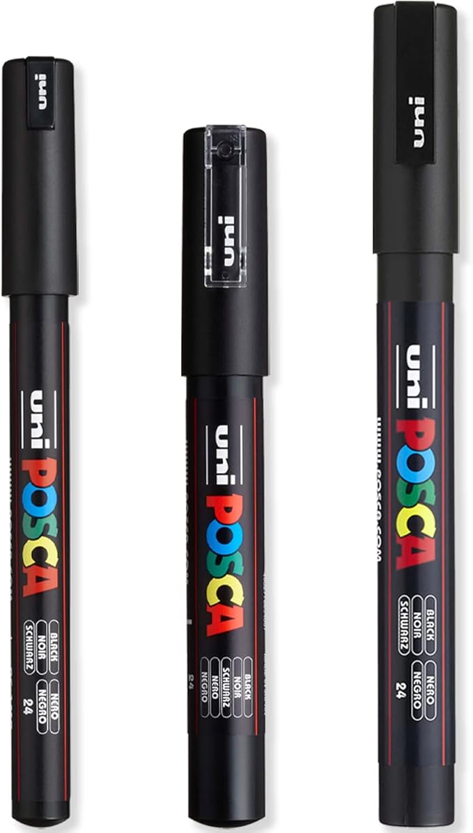 Posca - Ultra Fine to Fine Paint Marker Pens Set - PC-1MR, PC-1M, PC-3M - Black Ink - Pack of 3