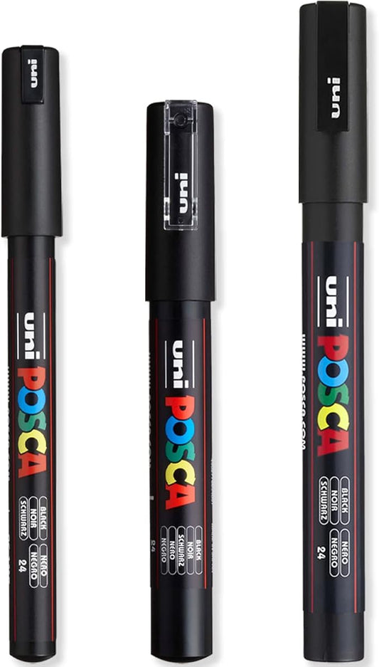 Posca - Ultra Fine to Fine Paint Marker Pens Set - PC-1MR, PC-1M, PC-3M - Black Ink - Pack of 3