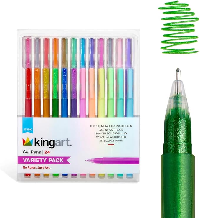 KINGART 24 Gel Pens Set: Glitter, Metallic & Pastel Colors for Adult Coloring Books, Journaling, Scrapbooking & DIY Crafts