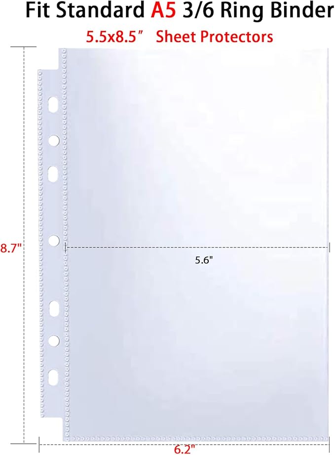 30 Pack 60 Pockets 5.5x8.5” Sheet Protector Sleeves for 6 Ring A5 Binder, A5 Mini 3 Ring Binder, Ultra-Clear Playbill Holder Sleeves, Double-Sided, Top Loading Sheet Protector for Paper Report