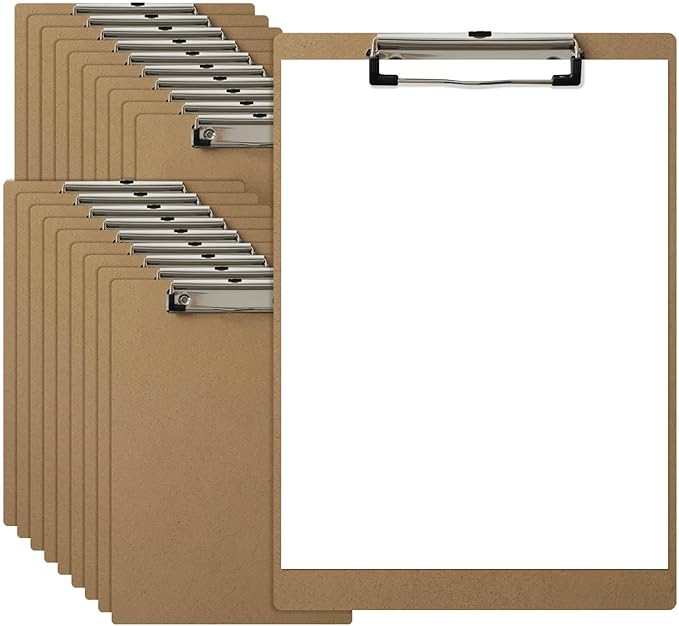 HappyHapi 20 Pack Clipboard 8.5 x 11 Letter Size Clip Boards Bulk, A4 Wooden Hardboard Office Clipboards Pack for Classroom, Work-Meetings, Brown
