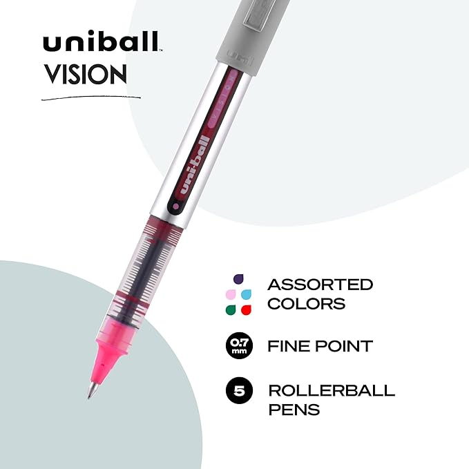 Uni-Ball 60381PP Vision Rollerball Pens, Fine Point (0.7mm), Fashion Colors, 5 Count
