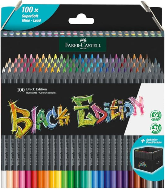 Faber-Castell Black Edition Colored Pencils Set: Soft Core Pencils with Bold Pigment and Smooth Laydown, Break-Resistant Leads, Ergonomic Grip, and Foldable Storage Sleeve (100 Count)