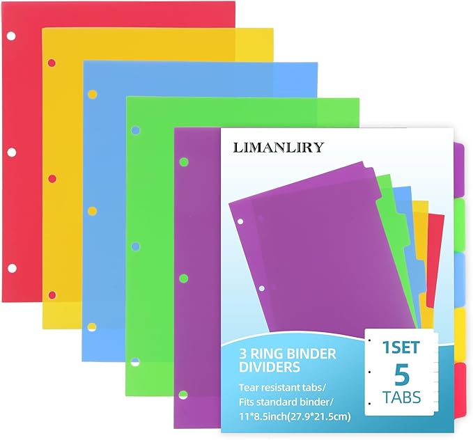 3 Sets Colorful Binder Dividers with Tabs,Plastic Index with 5 Tabs,Big Tab Dividers for 3 Ring Binder