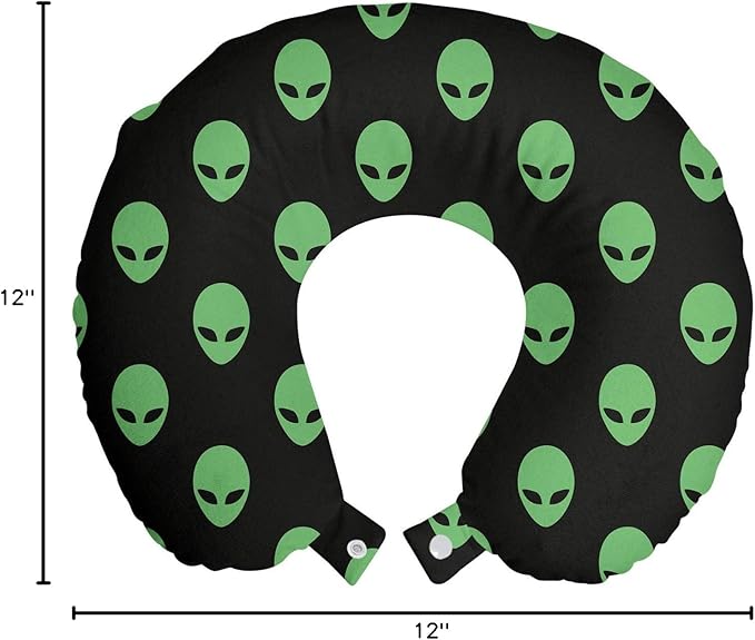Ambesonne Alien Travel Pillow Neck Rest, Supernatural Martiansal Beings from Other Planets Head of an Alien, Memory Foam Traveling Accessory for Airplane and Car, 12", Fern Green Black