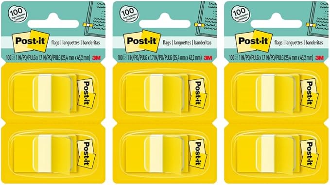 Post-it Flags, 1 in. Wide, 100/per Pack, Canary Yellow (680-YW2)- 3 Pack