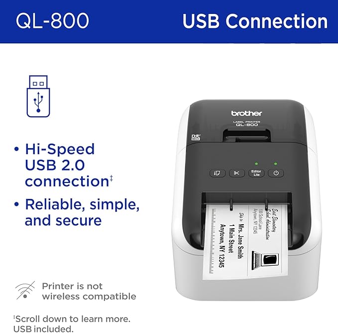 Brother QL-800 High-Speed Professional Printer, Plug & Label Feature, Brother Genuine DK Pre-Sized Labels, Multi-System Compatible – Black & Red Printing Available (Required USB Cable Included)