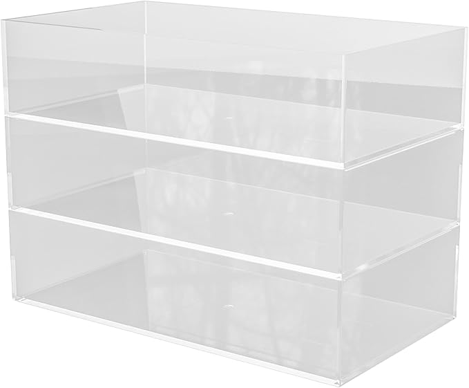 Martha Stewart Brody Desktop Storage Organizer, Stack and Slide Plastic Organizer Tray, Organizer for Office, Kitchen, or Vanity, 3" x 7.5", Clear