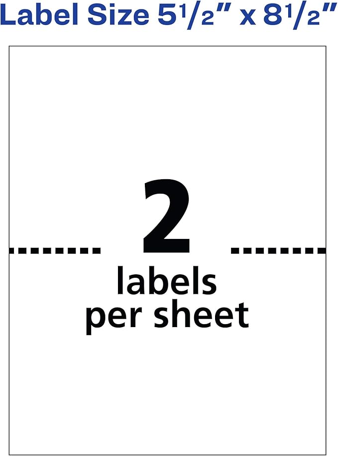 Avery Half-Sheet Printable Shipping Labels, 5.5" x 8.5" Customizable Stickers, White, 50 Blank Mailing Labels, Great for Mailing, Shipping, Organizing, and More, 250 Labels Total (5-Pack of 8126)