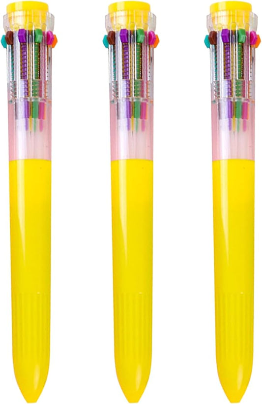 HeTaoCat Multicolor Pens 3 Pack 0.5mm 10-in-1 Retractable Ballpoint Pens - 10 Colors Transparent Barrel Ballpoint Pen for Office Supplies (Yellow)