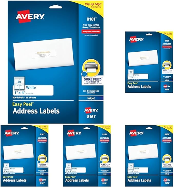 Avery Easy Peel Printable Address Labels with Sure Feed, 1" x 4", White, 500 Blank Mailing Labels (08161) (Pack of 5)