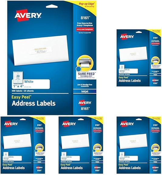 Avery Easy Peel Printable Address Labels with Sure Feed, 1" x 4", White, 500 Blank Mailing Labels (08161) (Pack of 5)