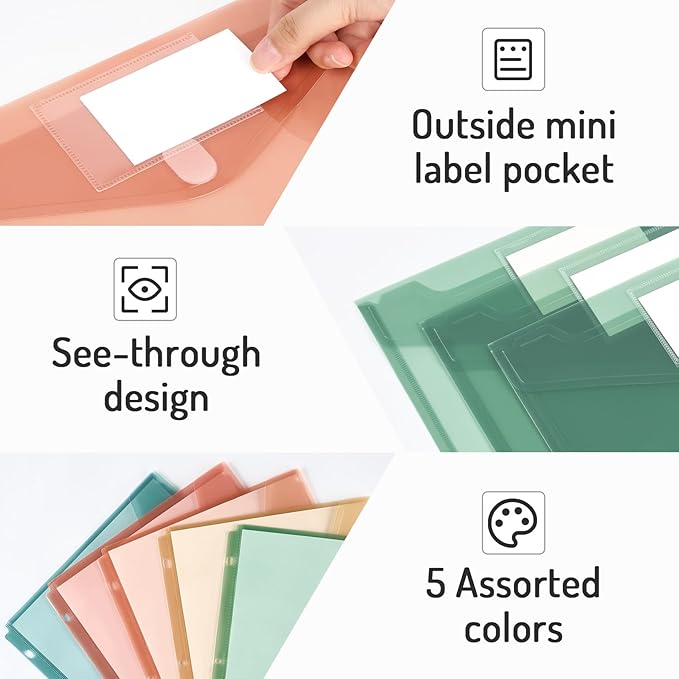 Forvencer Binder Pocket, 10 Pack Super Heavyweight Plastic Folders with Tight Closure, Binder Folders Side Loading, 3 Ring Binder Pocket, Binder Dividers with Pockets, Letter Size, Retro Series