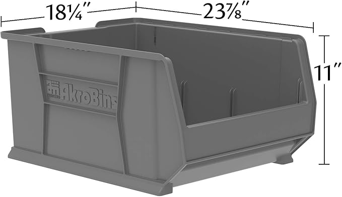 Akro-Mils 30289 Super-Size AkroBins Plastic Storage Bins, Space-Saving Stackable Bins for Garage, Classroom, Warehouse Organization, 24" L x 18" W x 12" H, Grey, 1-Pack