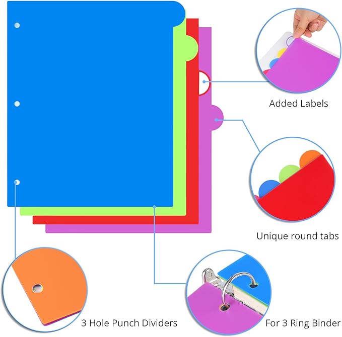 Dividers for 3 Ring Binder, 8 Tabs 16 Pcs Plastic Binder Dividers with Tabs, 3 Hole Punched Dividers Index Tab Dividers Colored Letter Size for School Office Multicolor