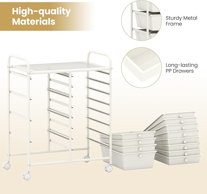 COSTWAY 12 Drawer Rolling Storage Cart, Mobile Utility Cart with Metal Frame, Art Supply Craft Organizer, Multipurpose Storage Organizer for Paper, Office, School Teacher, Classroom, White