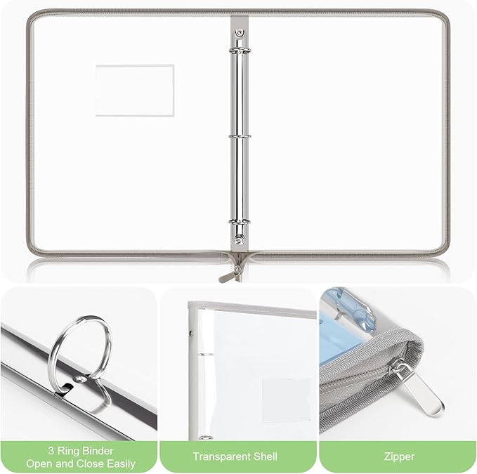 Uquelic Document Organizer, Soft PVC Binder with 12 Colorful Pockets - Zipper Binder 3 Ring with Dividers Letter Size (11'' x 8.5'')-Large Capacity Cute Folder for School, Office & Home Use (Grey)